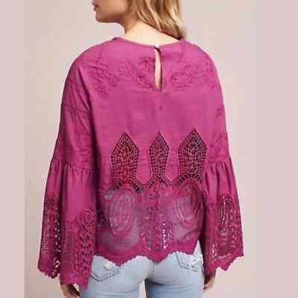 NWT Anthropologie by Chloe Oliver Women's Purple Bell-Sleeve Lace Blouse Size XS - Picture 2 of 12